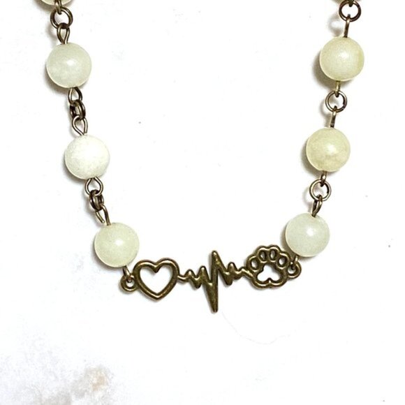 Genuine Pale Green Serpentine Necklace, Bronze Paw Print Heart Beat + Gemstone - Picture 4 of 14